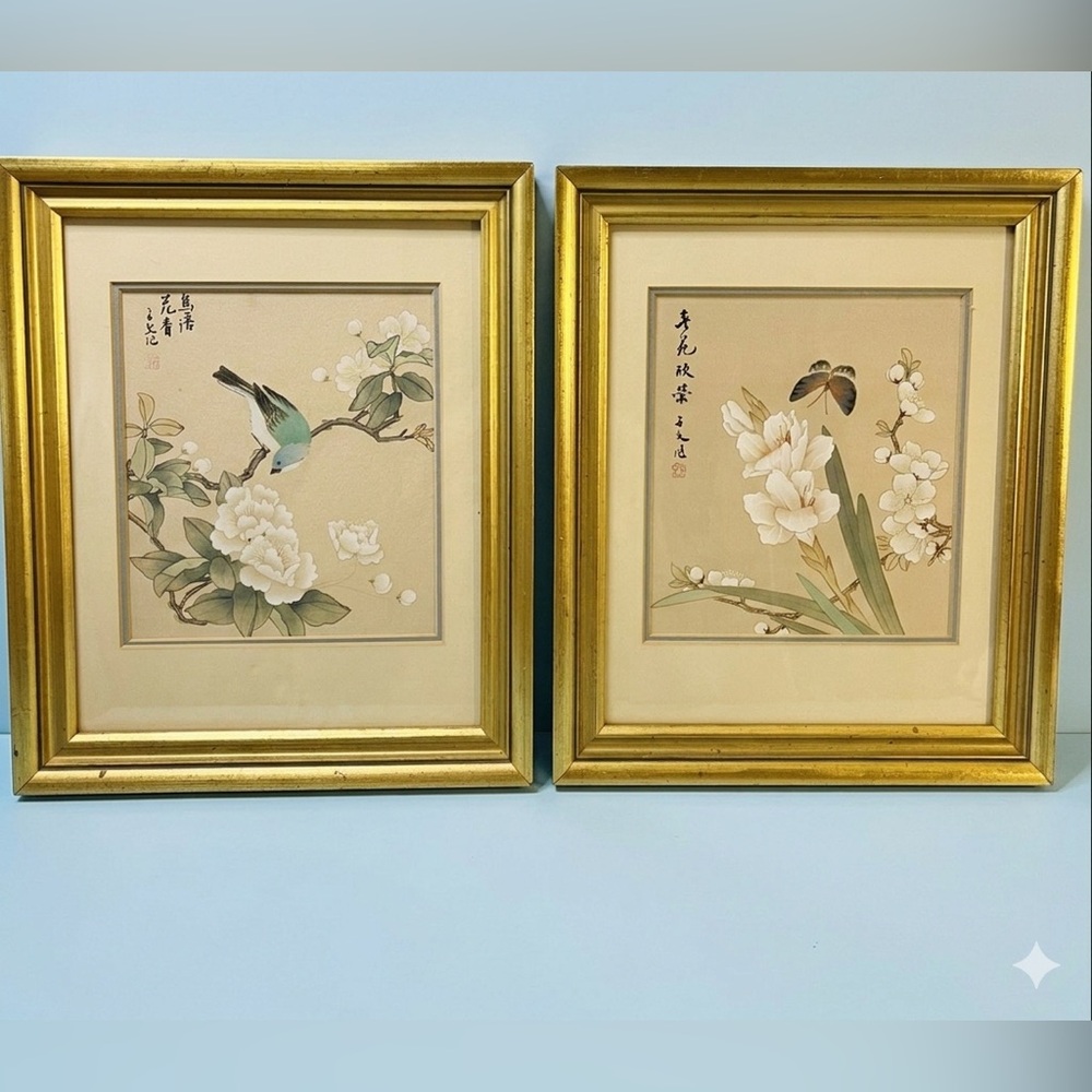 Set of 2 Vintage Chinese Original Watercolor Paintings on Silk, Framed & Signed